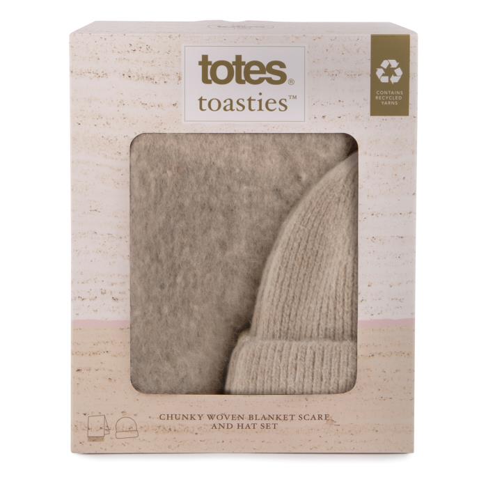 totes toasties® Ladies Chunky Woven Blanket Scarf & Hat Gift Set Oat Extra Image 3